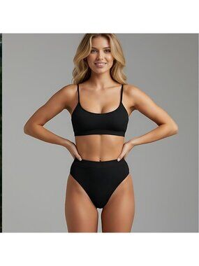Black Ribbed High Waist Bikini Bathing Suit